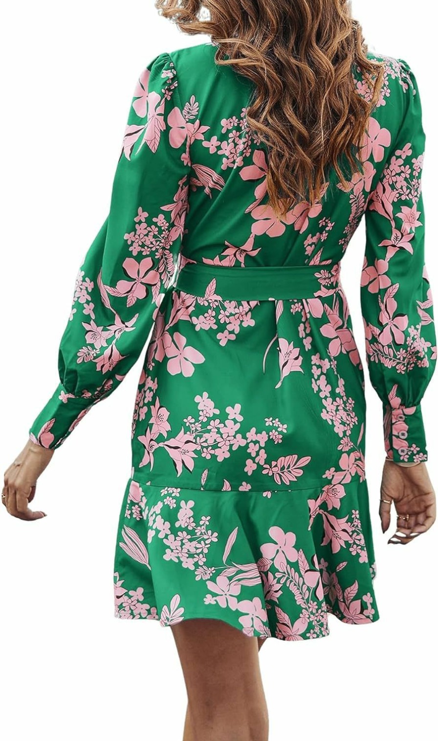 Online MakeMeChic Makemechic Women'S Floral Long Sleeve Tie Neck Button Front Ruffle Hem Short Dress With Belt