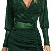 Wholesale Rooscier Rooscier Women'S Sheer Mesh Glitter Wrap V Neck Long Sleeve Ruched Drawstring Bodycon Mini Dress