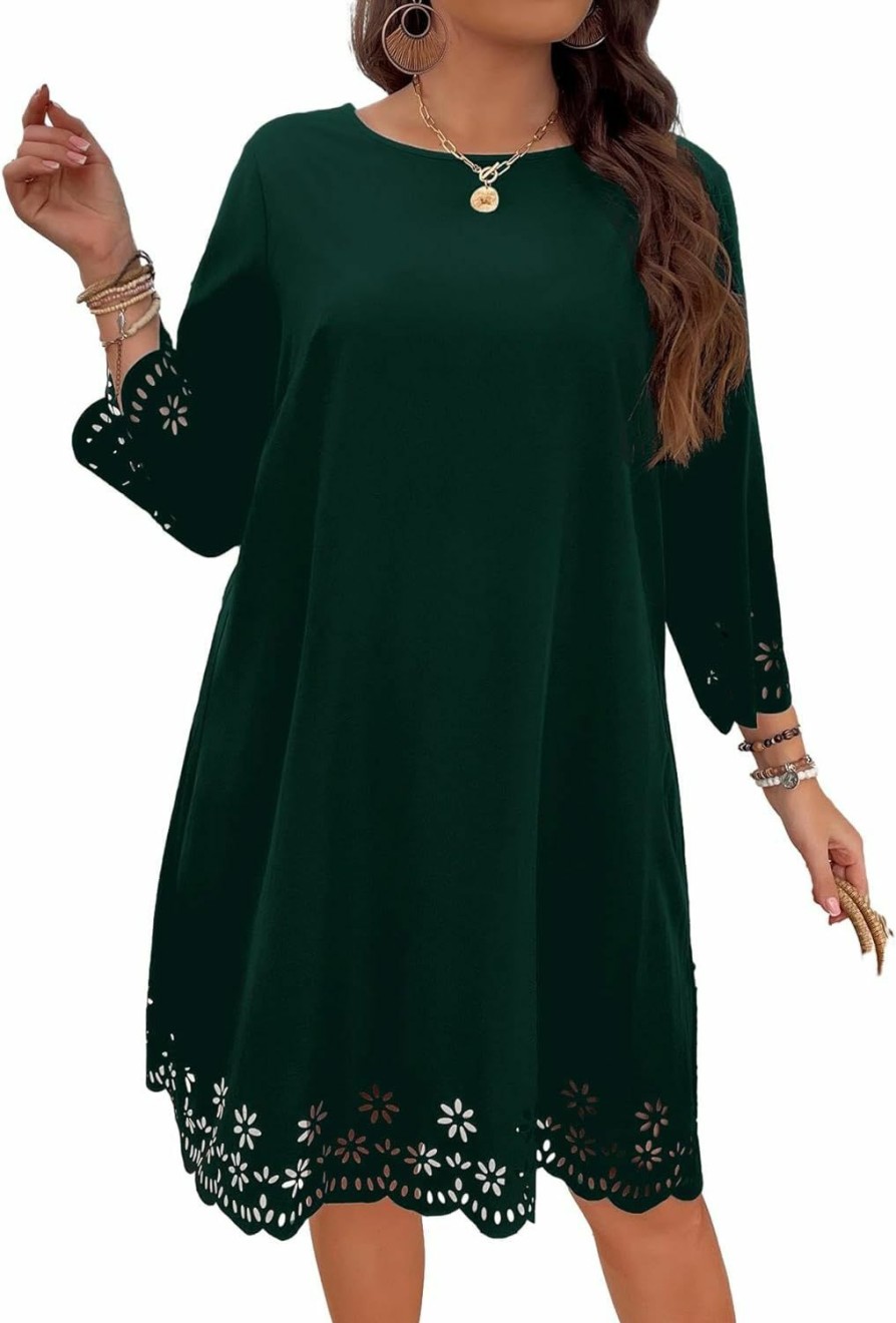 Wholesale SOLY HUX Soly Hux Women'S Plus Size Cut Out Scalloped Trim Tunic Dress 3/4 Sleeve Summer Short Dress