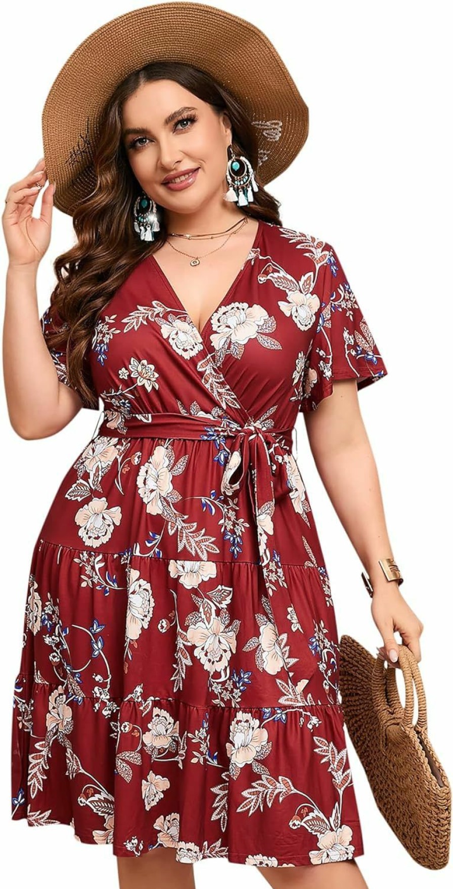 Hot KOJOOIN Kojooin Women Plus Size V Neck Wrap Dress High Waist Short Sleeve Ruffle Casual Summer Midi Dress With Belt