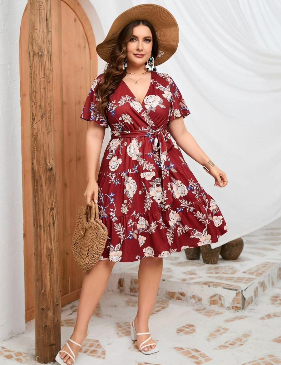 Hot KOJOOIN Kojooin Women Plus Size V Neck Wrap Dress High Waist Short Sleeve Ruffle Casual Summer Midi Dress With Belt