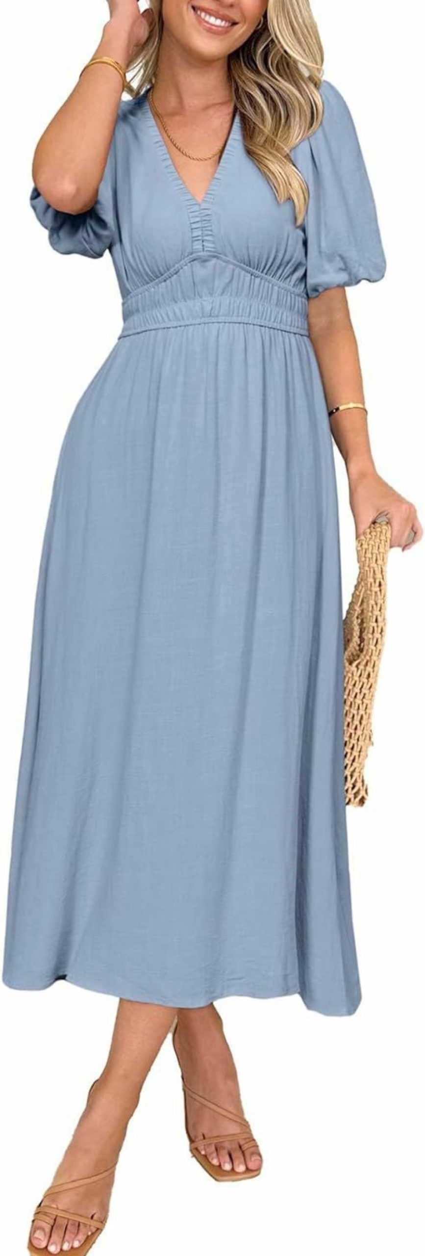 Best Simplee Apparel Simplee Women'S Summer Boho Maxi Dress Casual V Neck Puff Sleeve Wedding Guest Dress Flowy Linen Beach Dresses