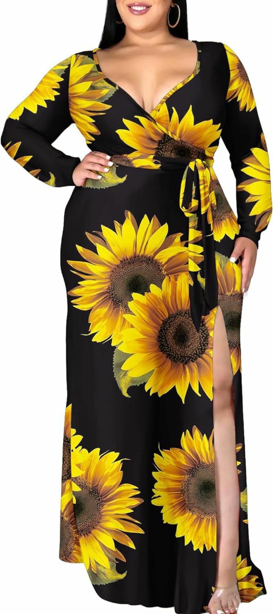 Best FANDEE Fandee Women'S Plus Size Maxi Dresses 3/4 Sleeve Casual V Neck Dress With Belt Pockets