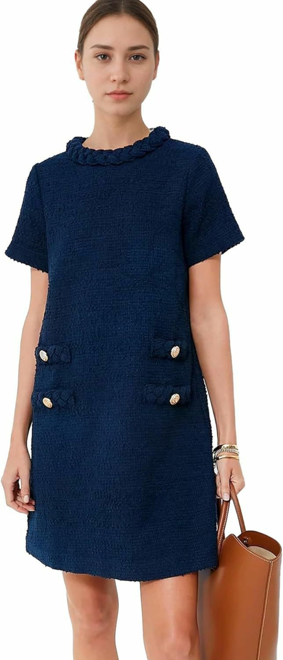 Online Yioaga Yioaga Womens Tweed Jackie Dress Elegant Crew Neck Short Sleeve Button Bodycon Mini Dresses(Navy,M)