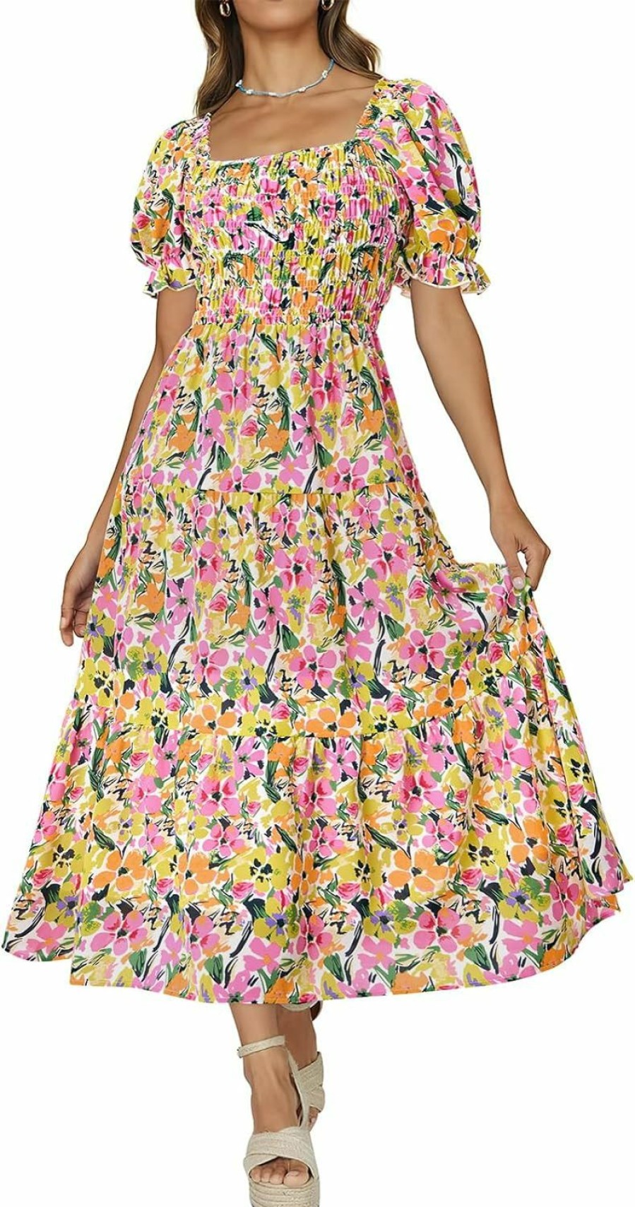 Clearance PRETTYGARDEN Prettygarden Women'S Boho Floral Print Summer Dresses Square Neck Puff Sleeve A Line Long Dress Smocked Casual Maxi Dress