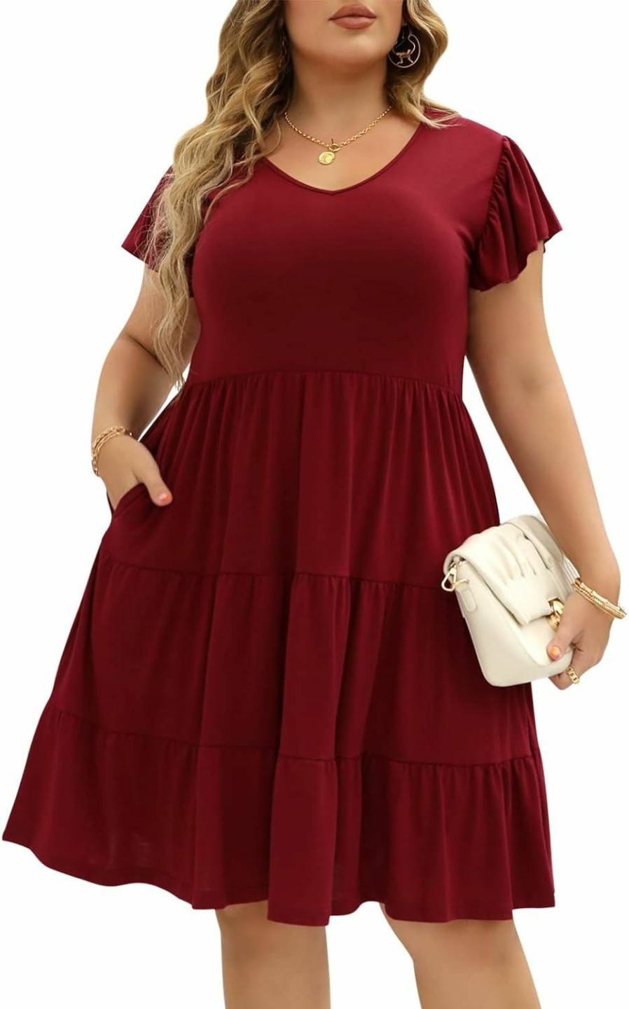 Hot Celkuser Celkuser Womens Plus Size Ruffle Sleeve Tiered Casual Summer Loose Swing Midi Dress With Pockets