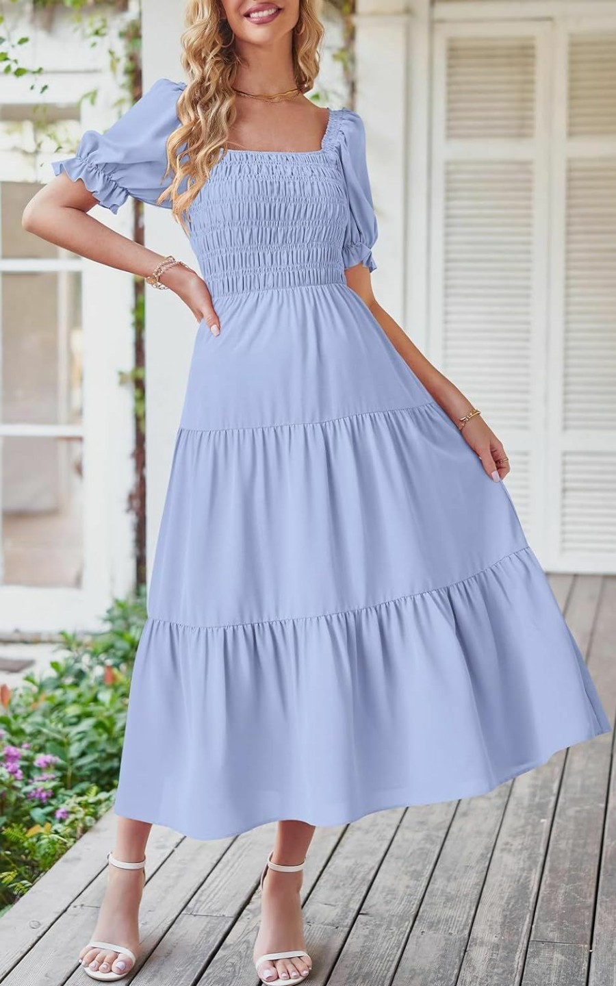 Wholesale PRETTYGARDEN Prettygarden Square Neck Puff Sleeve Summer Dresses For Women 2024 Casual Smocked Top Tiered Maxi Dress Flowy Long Dresses