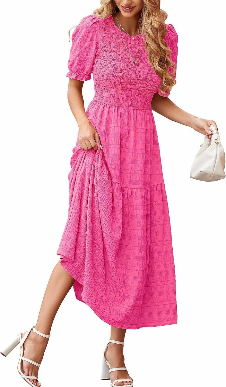 Hot dowerme Dowerme Women Summer Dresses 2024 Casual Puff Short Sleeve Crewneck Smocked Flowy Ruffle Boho Beach Party Maxi Dress