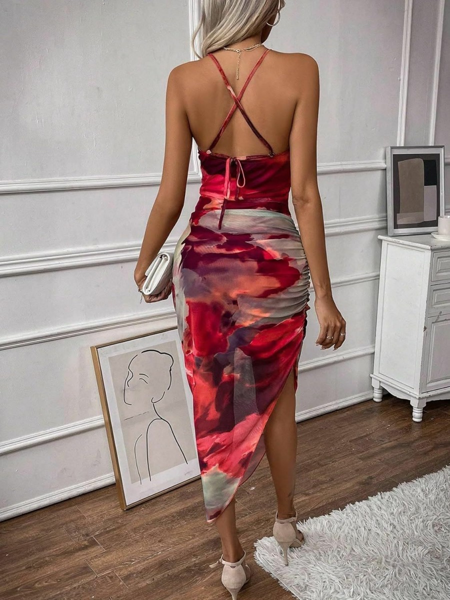 Hot GORGLITTER Gorglitter Women'S Backless Mesh Ruched Bodycon Midi Dress Tie Dye Asymmetrical Cami Dresses With Slit