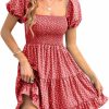 New Veatzaer Veatzaer Women'S Puff Sleeve Square Neck Smocked Babydoll Dress Boho Floral Print Off Shoulder Ruffle Mini Short Dress