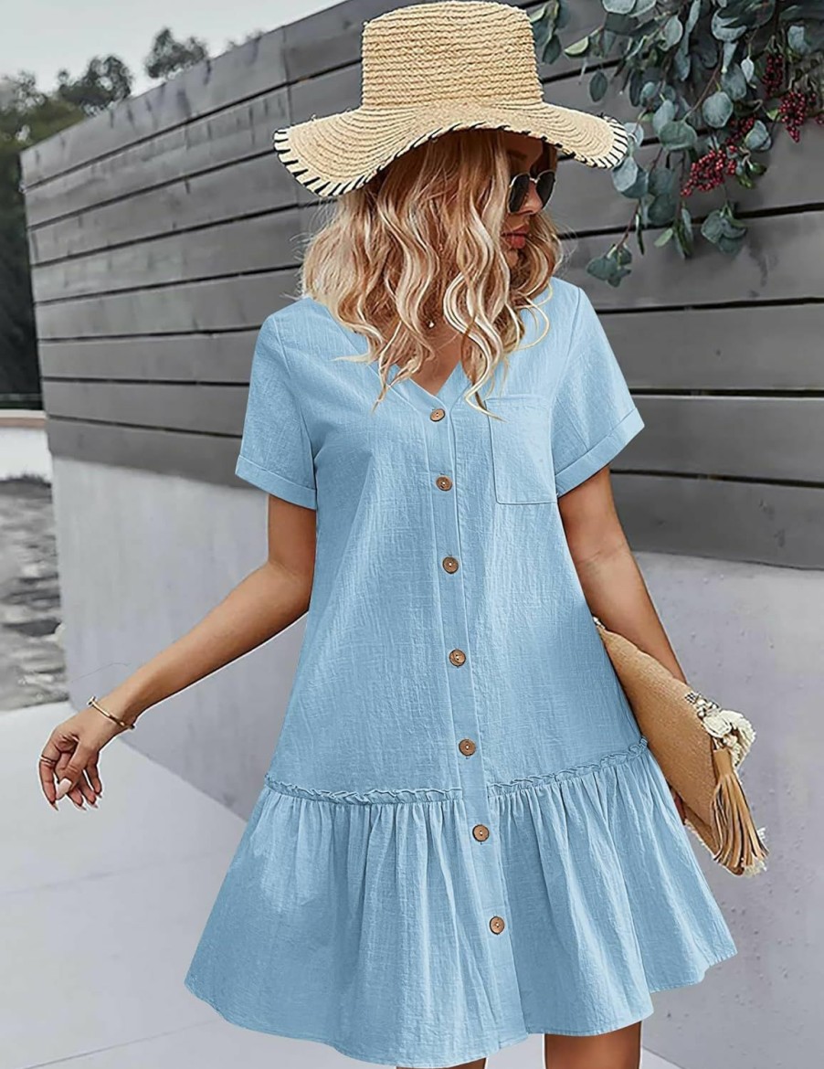 Hot HOTOUCH Hotouch Women Button Down Dress Loose Summer Cotton Linen Dress Ruffle Hem Casual Dress Short Sleeve Tunic Dress