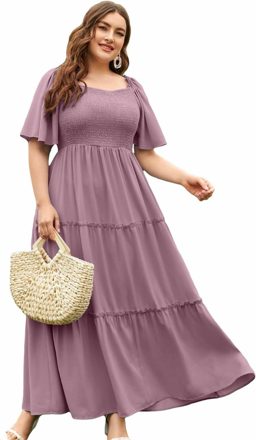 New Floerns Floerns Women'S Plus Size Short Sleeve Solid Boho Dress A Line Smocked Midi Dress