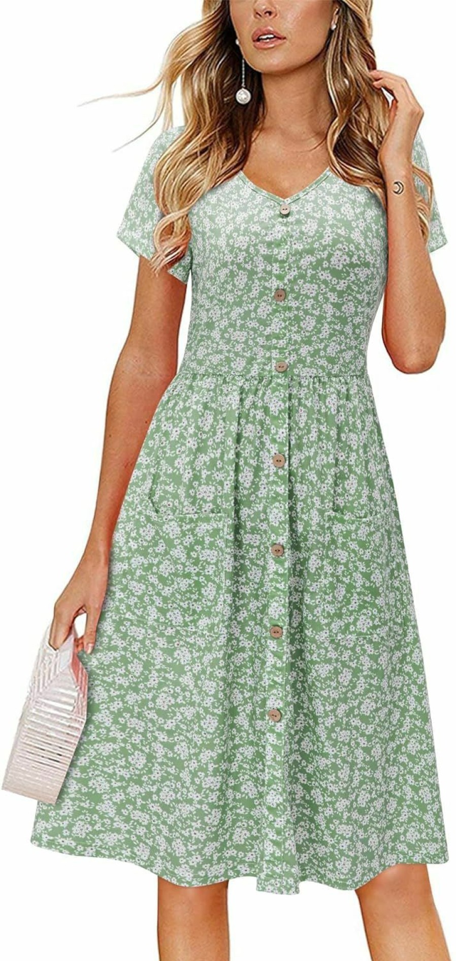 Hot VOTEPRETTY Votepretty Women'S Short Sleeve V Neck Sundress Summer Casual Button Floral Dress With Pockets