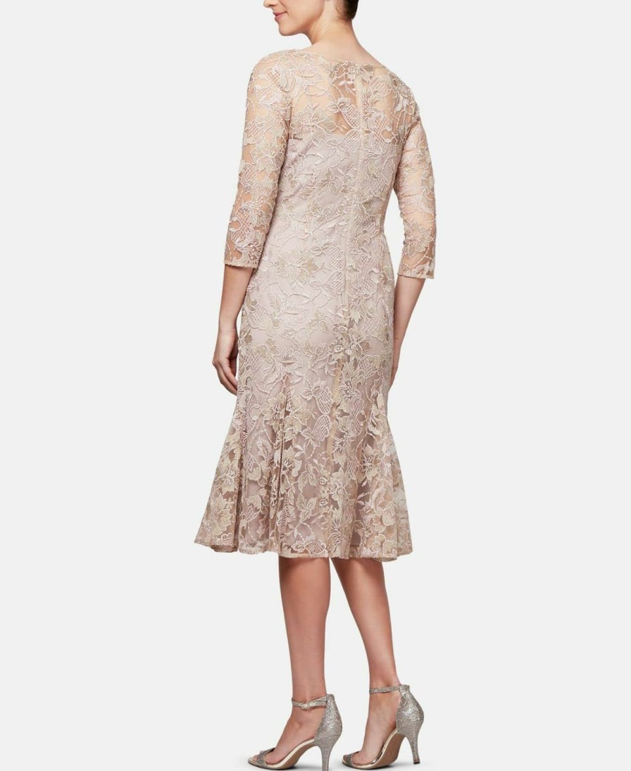 New Alex Evenings Alex Evenings Women'S Tea Length Embroidered Dress Illusion Sleeves (Petite Missy)