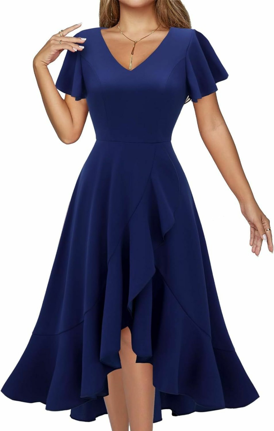 New DRESSTELLS Dresstells Women'S Formal Dresses Cocktail Tea Party Dress 2024 Ruffle V-Neck Modest Wedding Guest Bridesmaid Dress