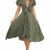 Hot miduo Miduo Womens Satin V Neck Ruffle Short Sleeve Tie Front High Waist Midi A-Line Maxi Dresses