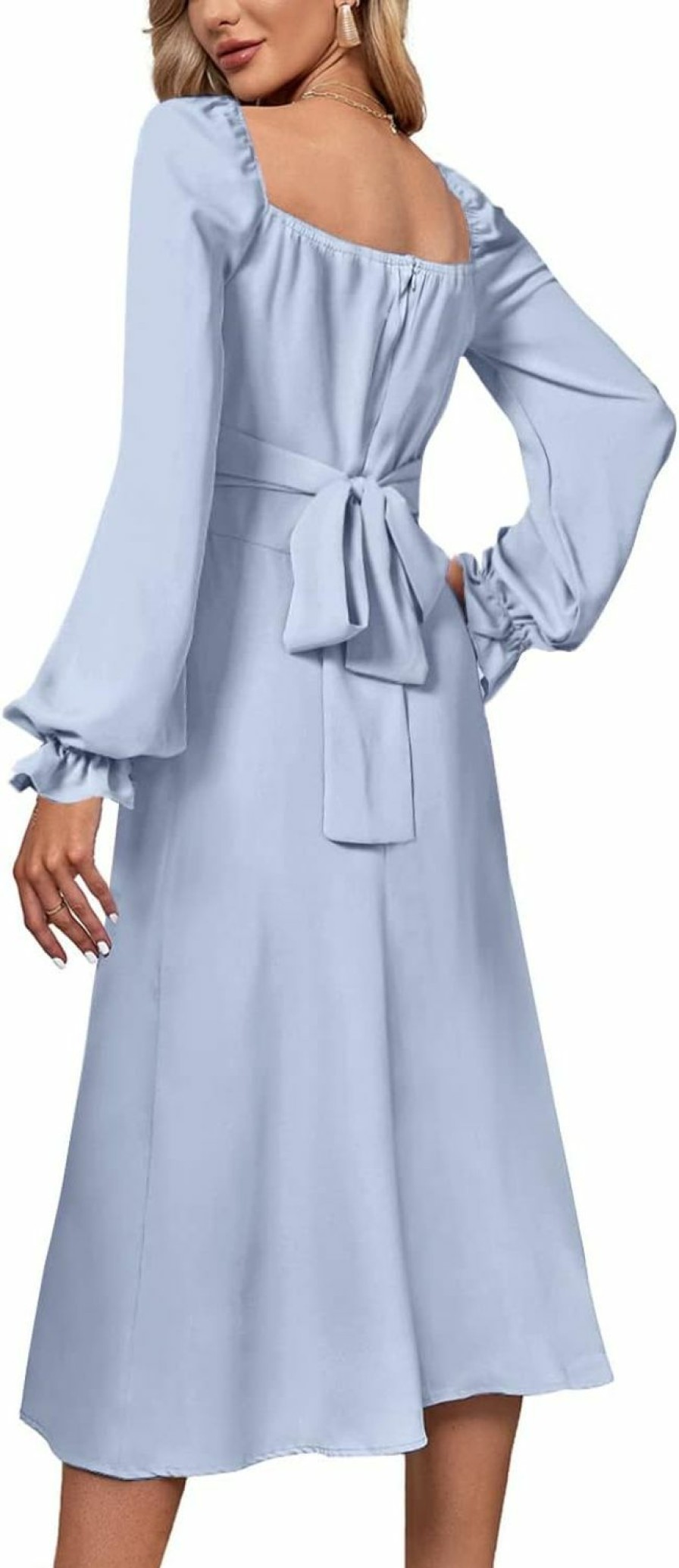 Wholesale Rooscier Rooscier Women'S Wrap Square Neck Flounce Long Sleeve Ruched Tie Back Swing Midi Dress