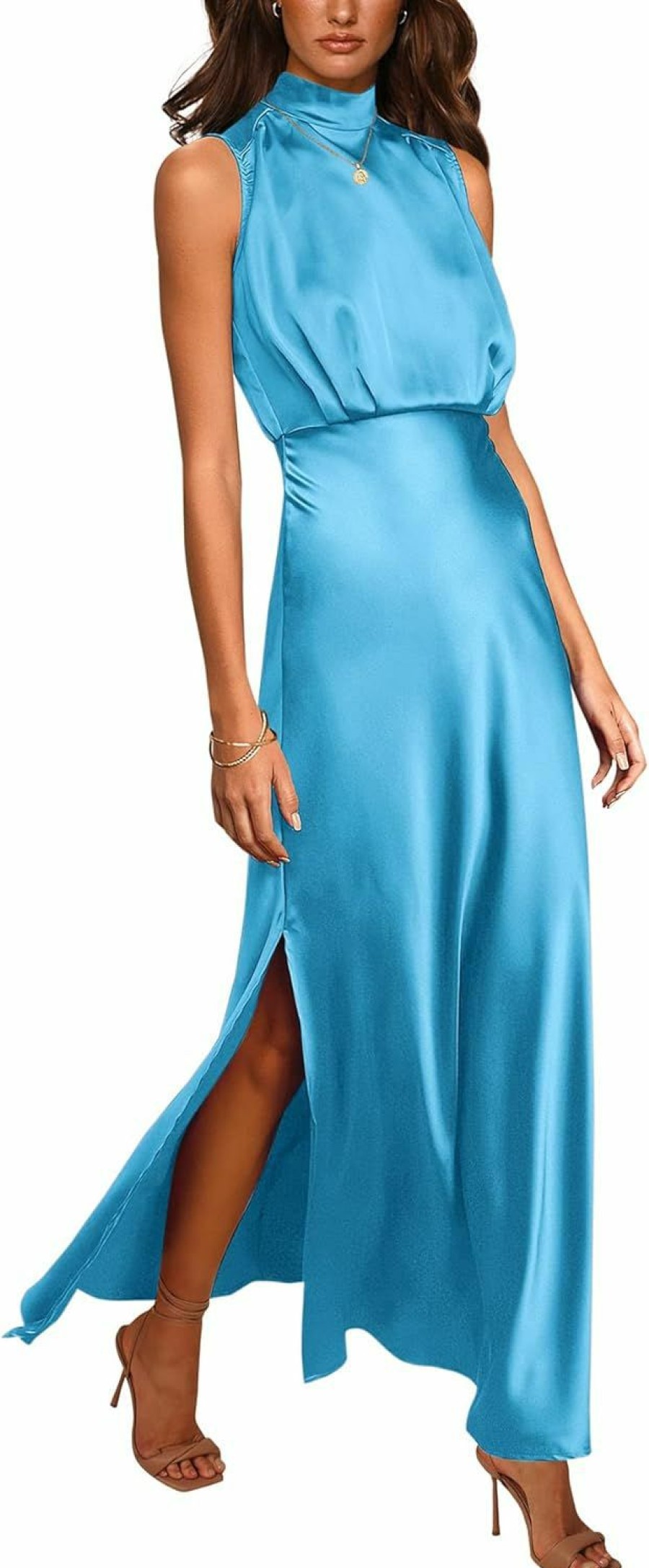 Clearance PRETTYGARDEN Prettygarden Women'S Long Formal Satin Dress Mock Neck Sleeveless Side Slit Flowy Maxi Tank Dresses