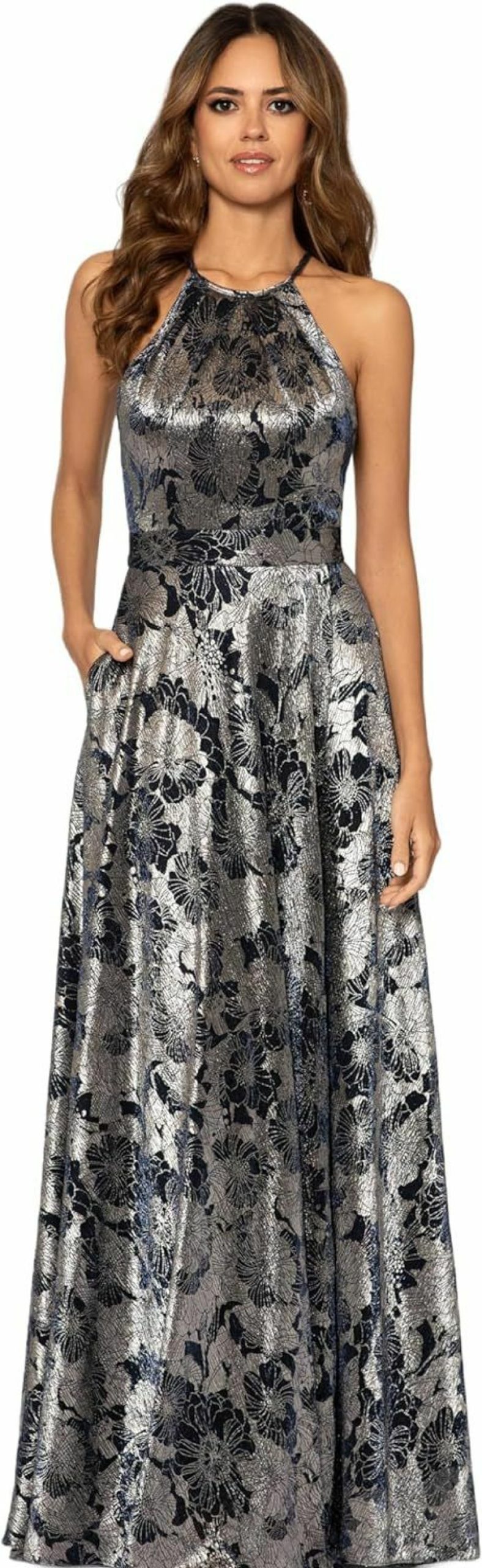 Clearance Betsy & Adam Betsy & Adam Women'S Long Sleeveless Halter Metallic Print Wrap Overlay Gown