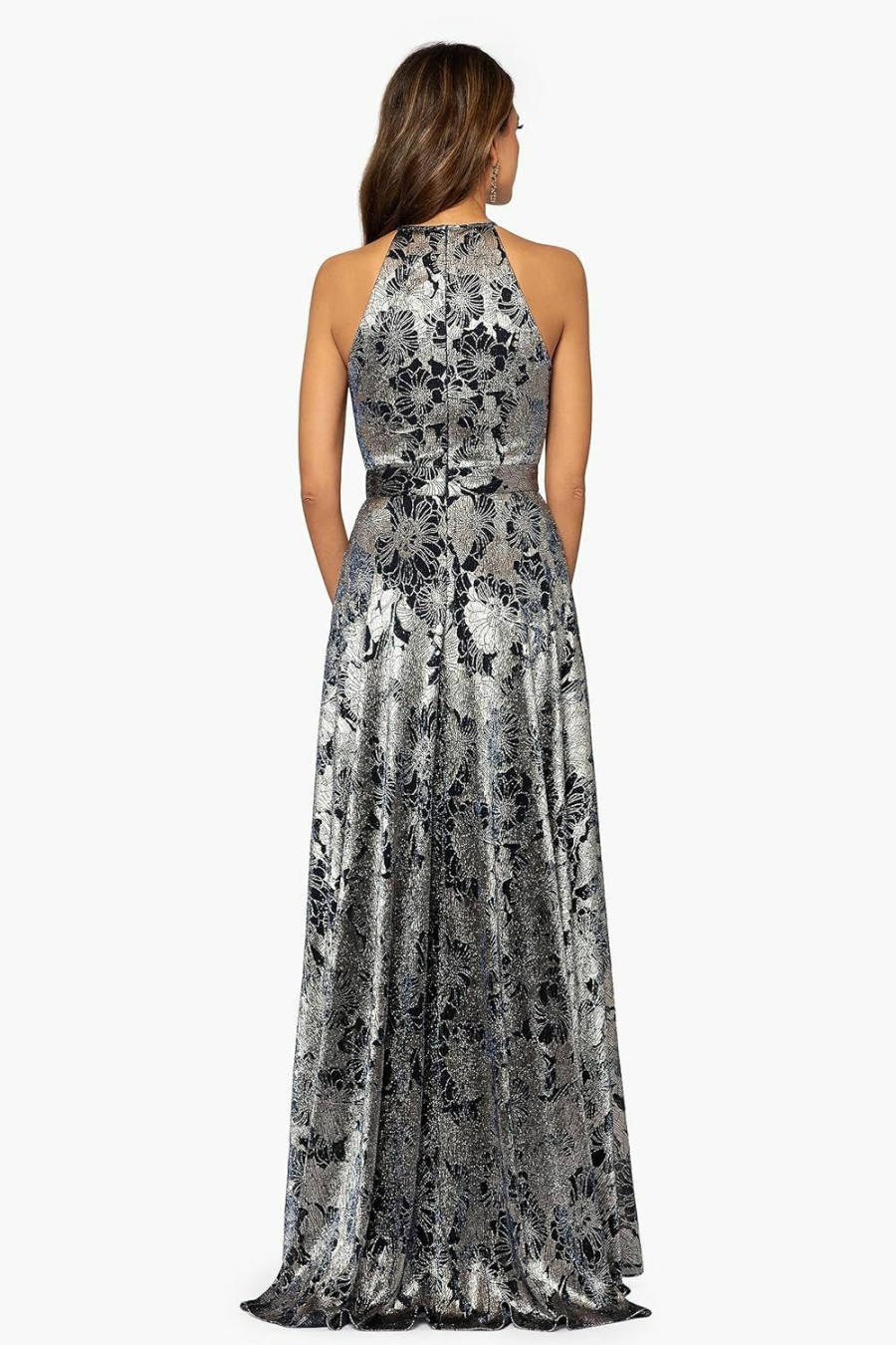 Clearance Betsy & Adam Betsy & Adam Women'S Long Sleeveless Halter Metallic Print Wrap Overlay Gown