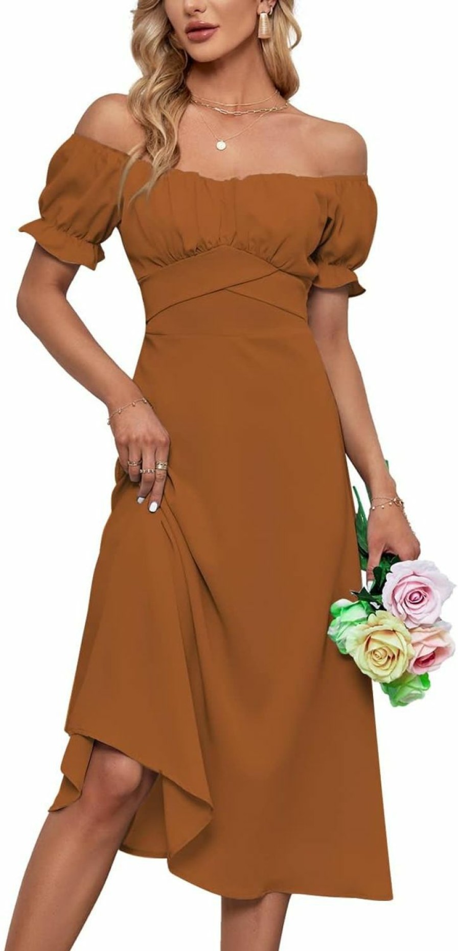 New LYANER Lyaner Women'S Off Shoulder Wrap Ruffle Puff Short Sleeve Ruched Tie Back Dress