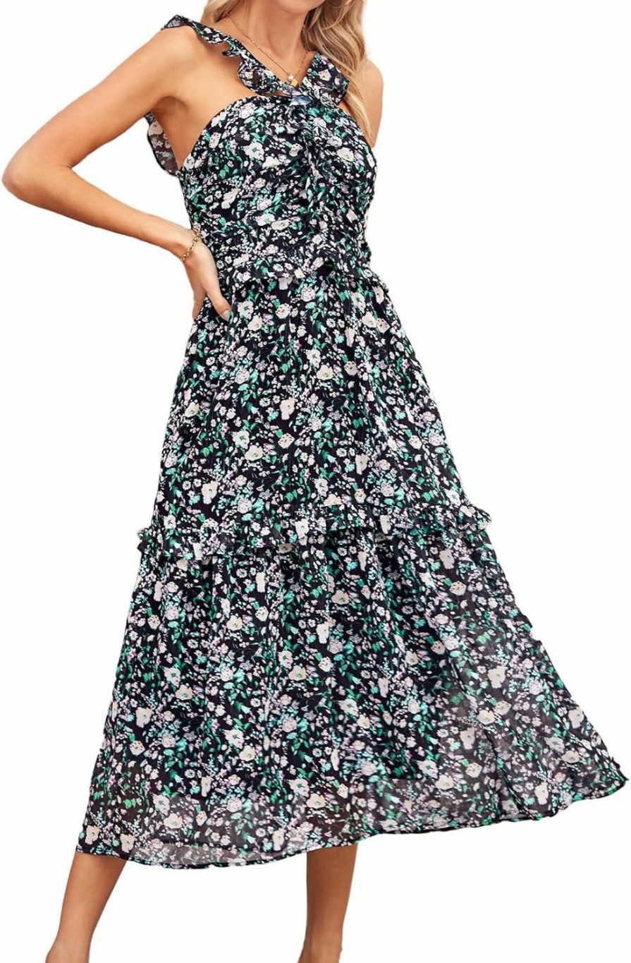 Clearance GRACE KARIN Grace Karin Women'S Summer Boho Floral Tiered Dress Strap A Line Swing Flowy Midi Dress Ruffle Beach Wedding Guest Dress