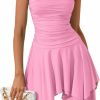 Hot EYNMIN Women'S Summer Mini Dress Bodycon Ruched Backless Halter Flowy Ruffle Party Club Short Dresses