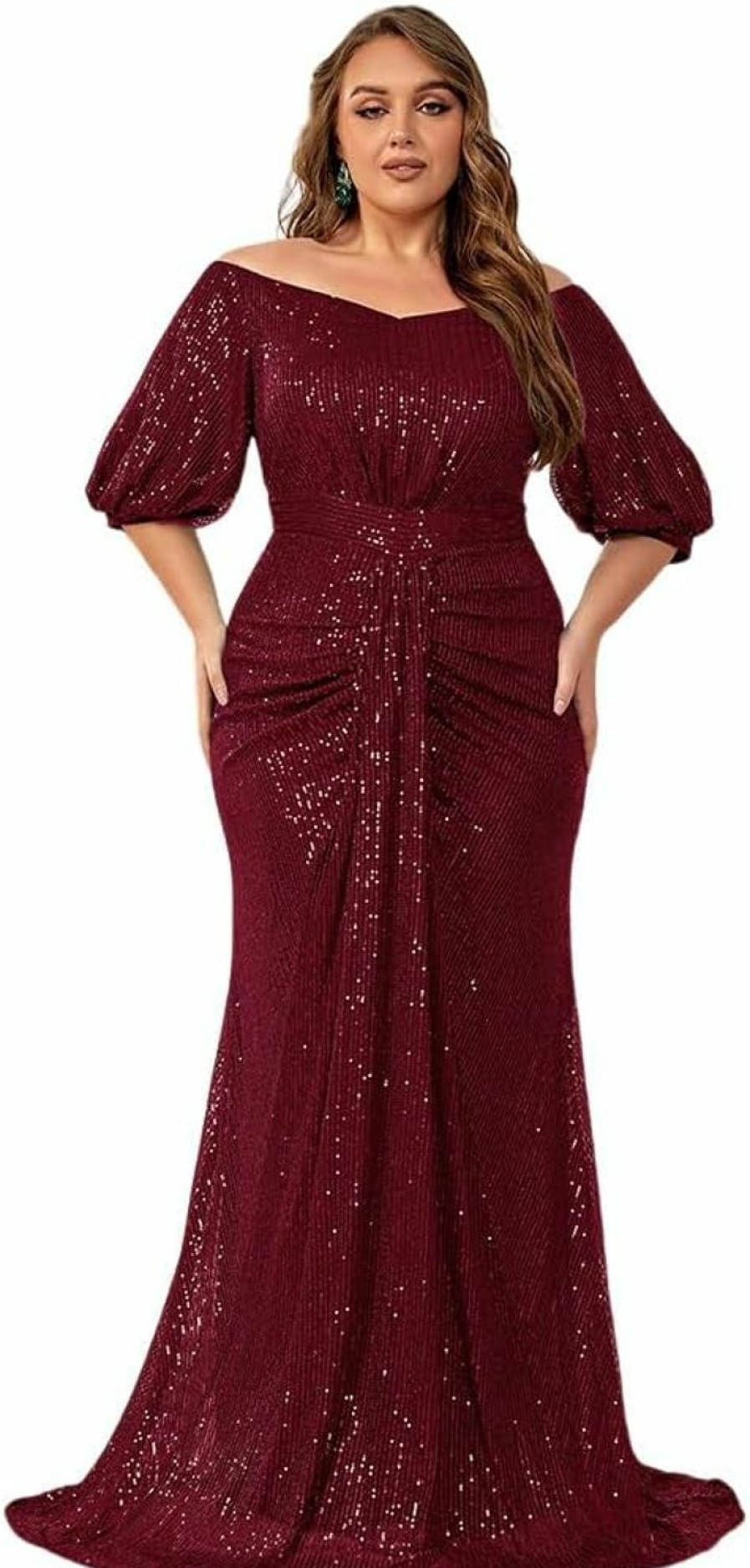 Hot Giffniseti Women'S Plus Size Off Shoulder Puff Sleeve Sequin Formal Maxi Dress Evening Party Gowns