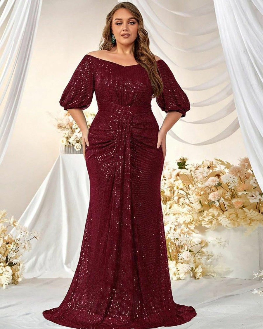 Hot Giffniseti Women'S Plus Size Off Shoulder Puff Sleeve Sequin Formal Maxi Dress Evening Party Gowns