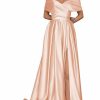 Hot SXRJK Women'S Off The Shoulder Satin Prom Dresses Long V Neck Slit Formal Evening Gowns With Pockets