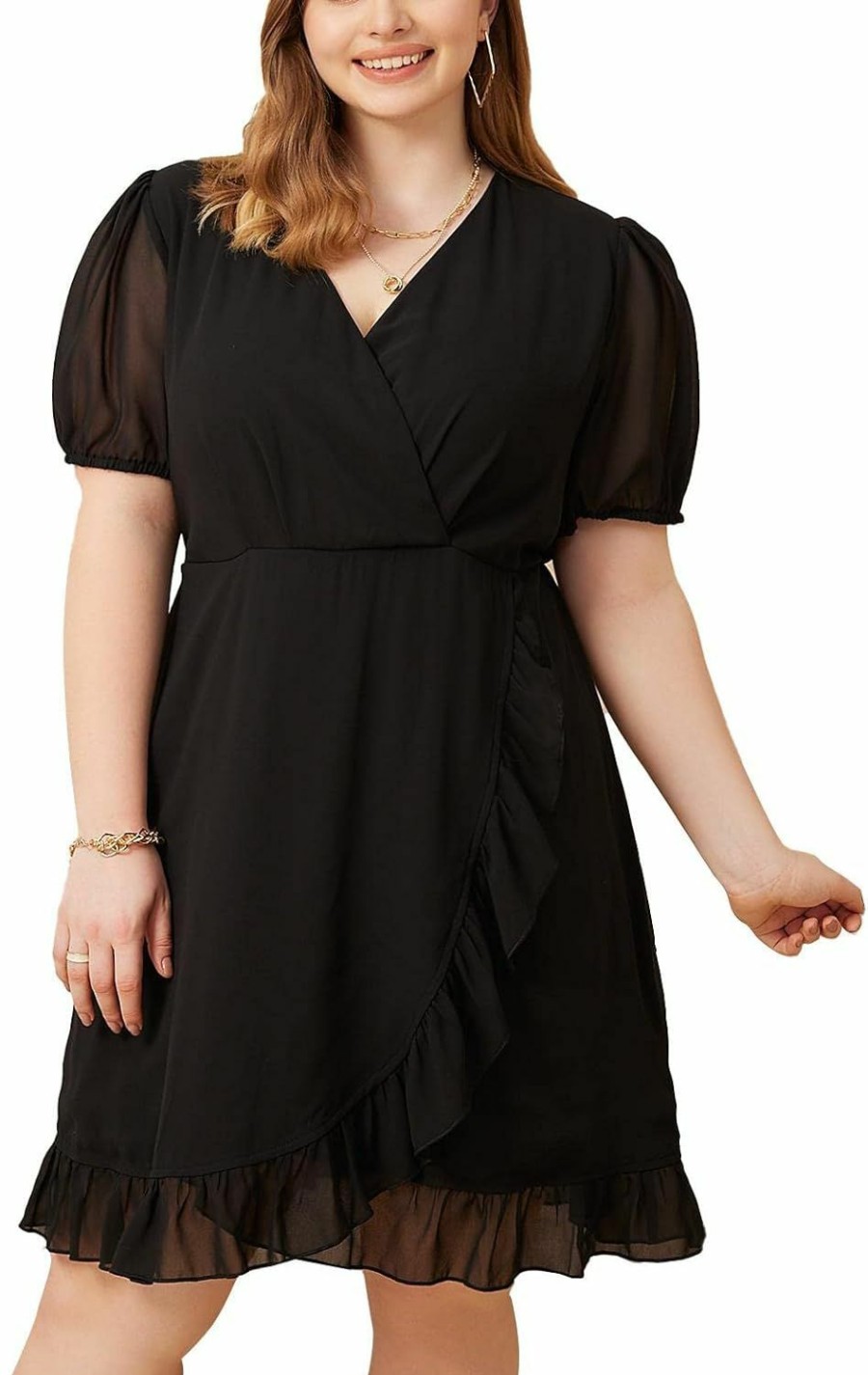 Online WDIRARA Wdirara Women'S Plus Size Ruffle Trim Lantern Long Sleeve V-Neck Wrap Hem Short Formal Dress