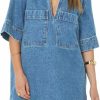 Hot Fisoew Fisoew Womens Shift Denim Dress Summer Deep V Neck Half Sleeve Collared Loose Mini Jean Dress With Pockets