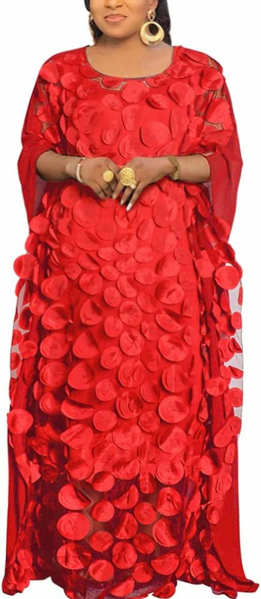 Wholesale HD Hd African Women Applique Flower Dress Boat Neck Chiffon Kaftan Dress One Size