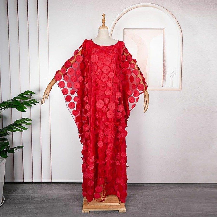 Wholesale HD Hd African Women Applique Flower Dress Boat Neck Chiffon Kaftan Dress One Size