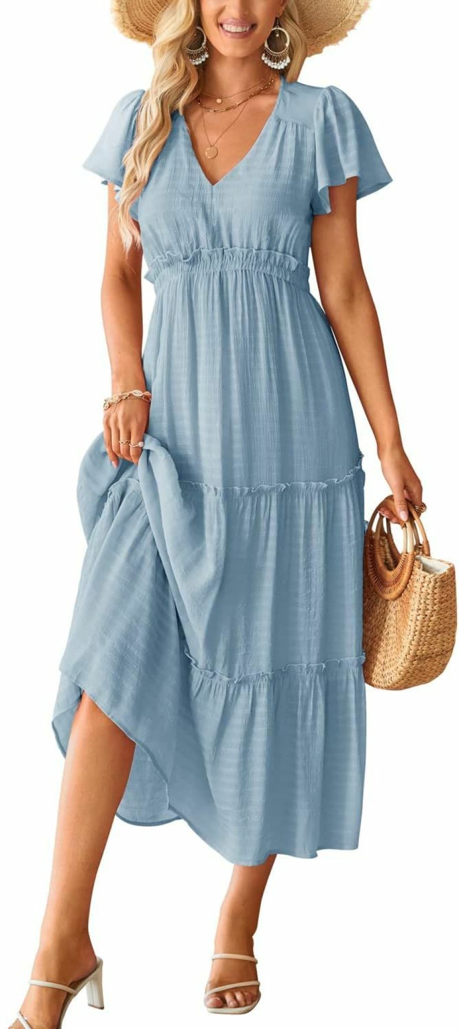 New VOTEPRETTY Votepretty Women'S 2024 Fashion Summer Maxi Dresses Boho Beach V Neck Flutter Short Sleeve Tiered Long Dress