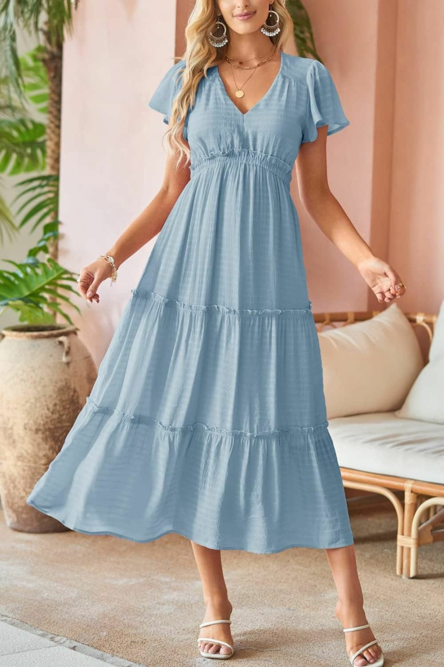 New VOTEPRETTY Votepretty Women'S 2024 Fashion Summer Maxi Dresses Boho Beach V Neck Flutter Short Sleeve Tiered Long Dress