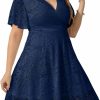 Online SCOMCHIC Women Lace Plus Size Cocktail Dress For Wedding Guest V Neck Short Sleeve Flowy A Line Knee Length Dresses