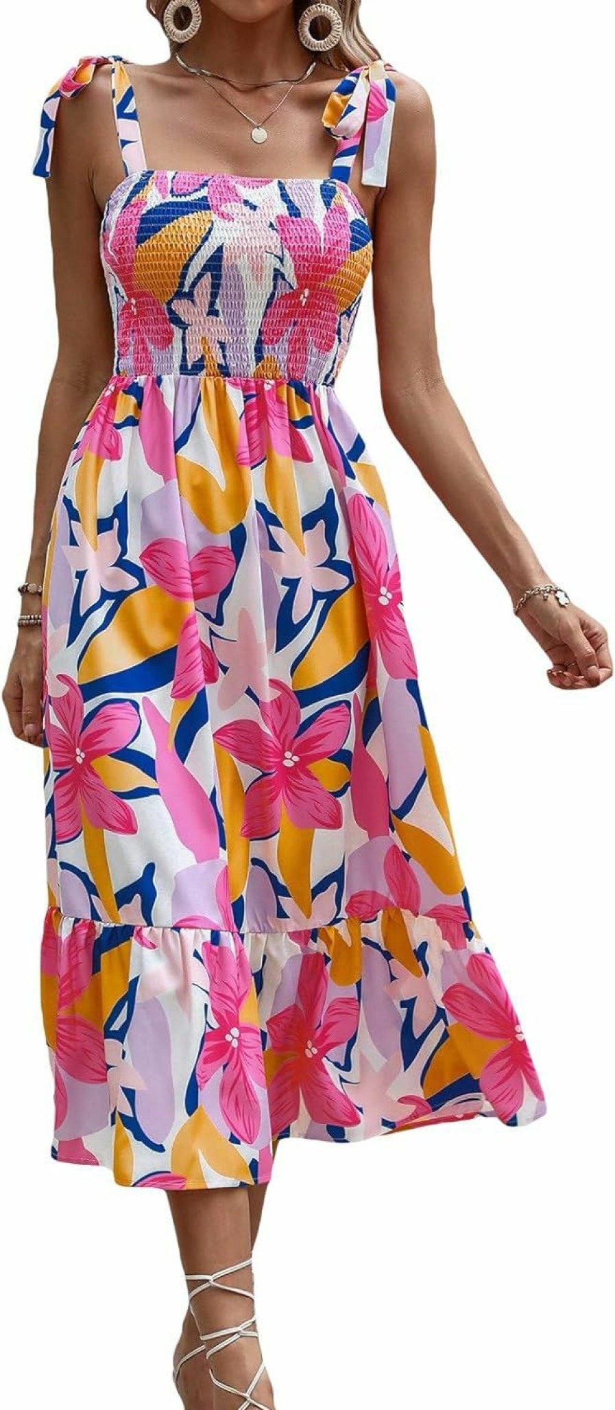 Wholesale MakeMeChic Makemechic Women'S Summer Boho Dress Floral Print Spaghetti Strap Square Neck Shirred Maxi Dress Beach Sun Dress