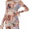 Online JUMISEE Women'S Floral Tie Dye Sheer Mesh Mini Dress Sexy Mock Neck Split Bodycon Flared Long Sleeve Beach Party Dress