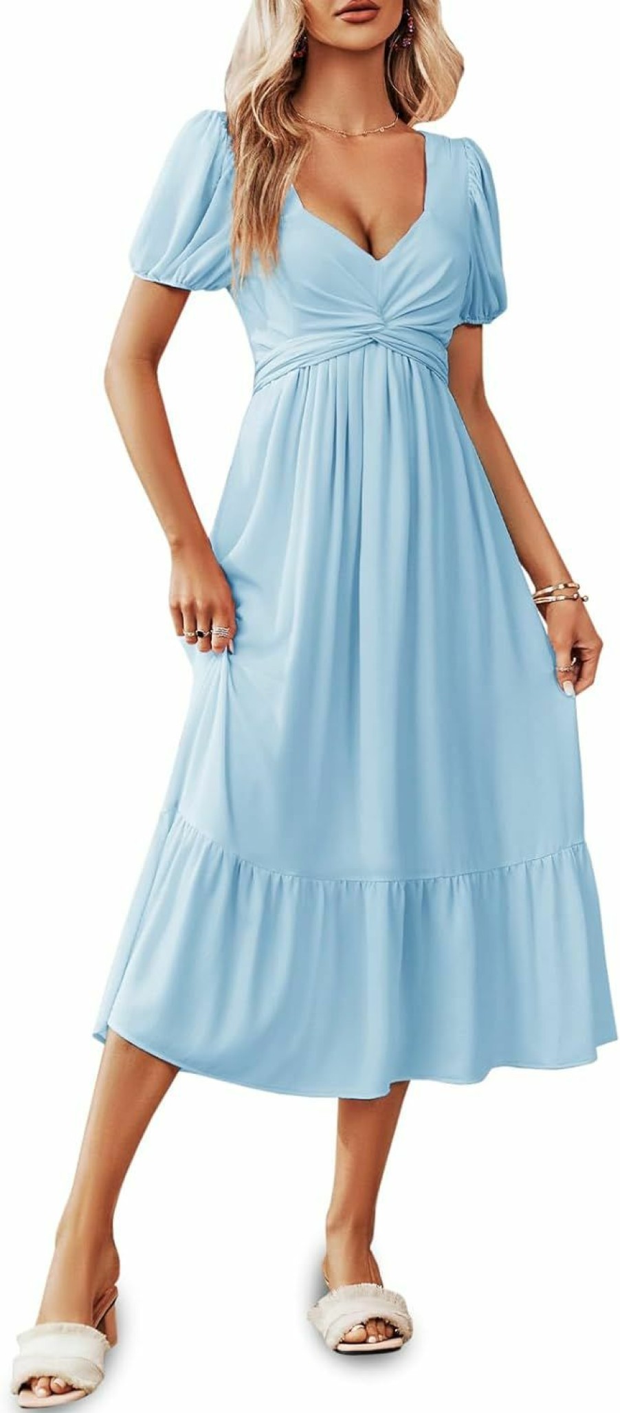 Clearance Ebifin Ebifin Women'S Summer Casual Dress Twist Front Sweetheart Neckline Puff Sleeve Ruffle Flowy Midi Dresses