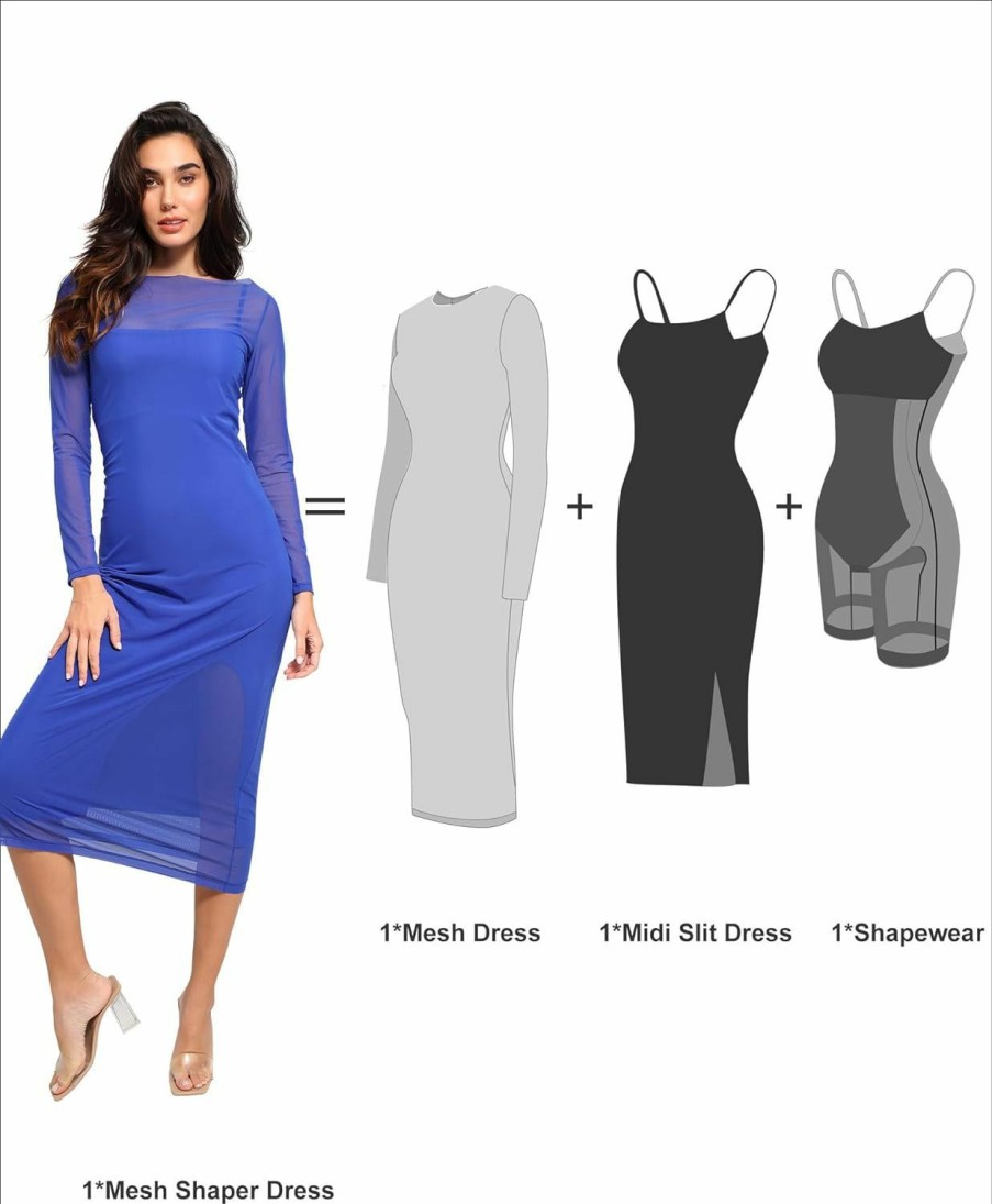 Online Popilush Popilush Built-In Shapewear Sheer Mesh Slip Split Midi Dress Set - High Slit Dress Worn Separately Or Together