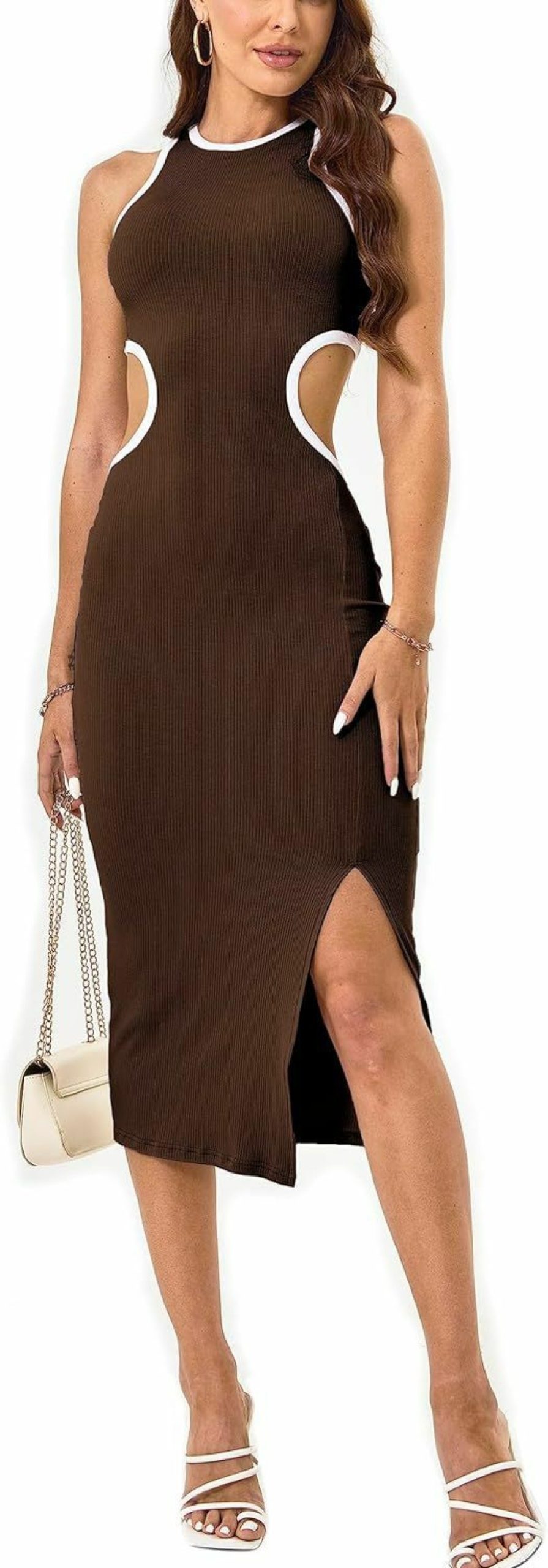 New NauLon Womens Sexy Cut Out Waist Open Back Bodycon Dress Ankle Length Ribbed Party Club Midi Mini Dresses