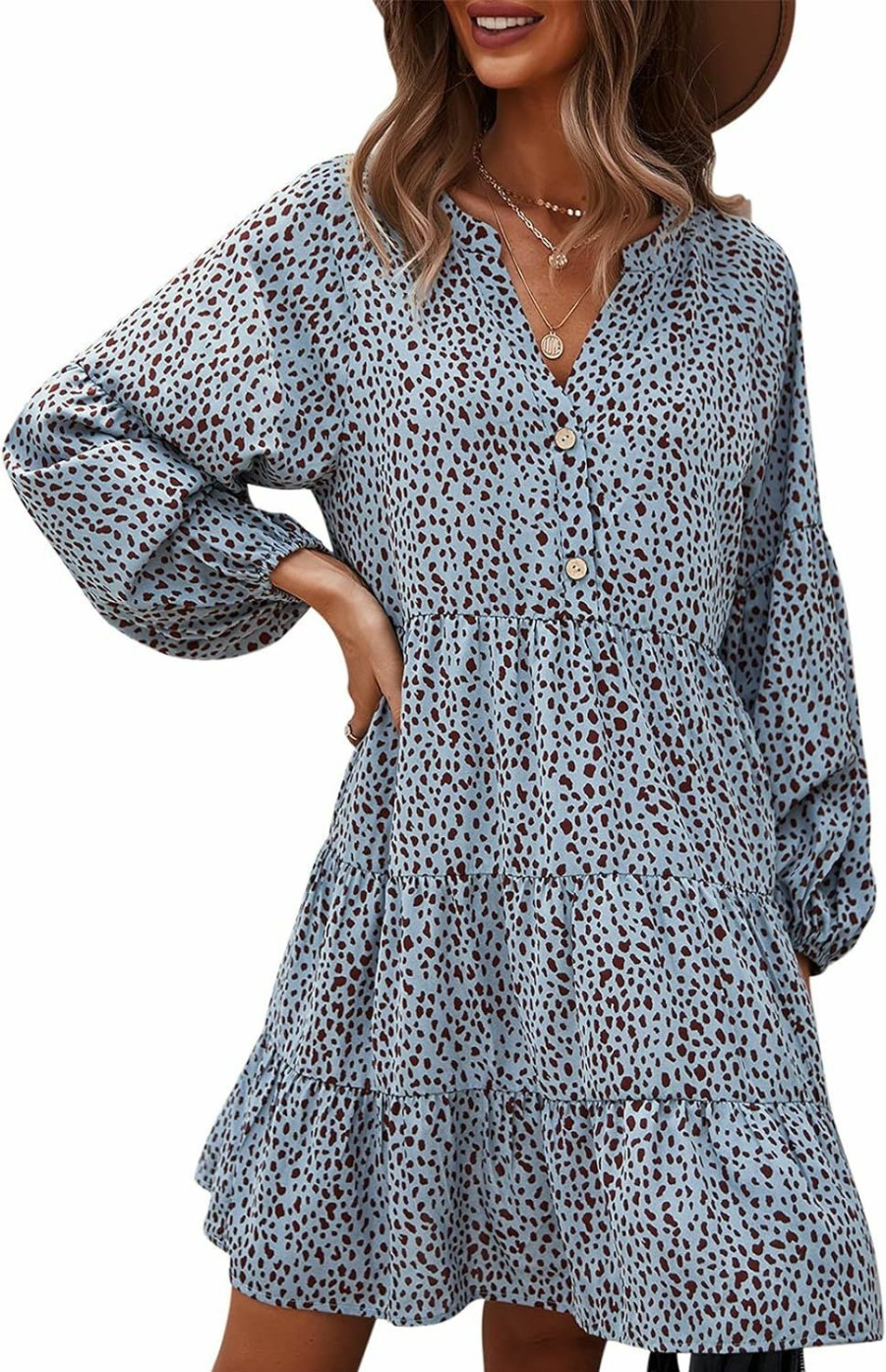 New TEMOFON Temofon Womens Long Sleeve Dress: Leopard Printed Tunic Casual Loose V Neck Fall Flowy Mini Dresses S-Xl