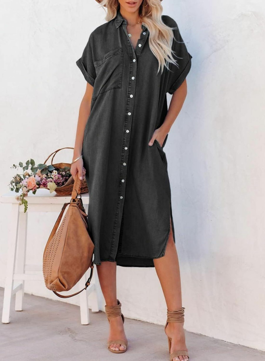 Online Dokotoo Dokotoo Womens 2024 Button-Down Short Sleeve Denim Cardigans Maxi Dresses With Side Split