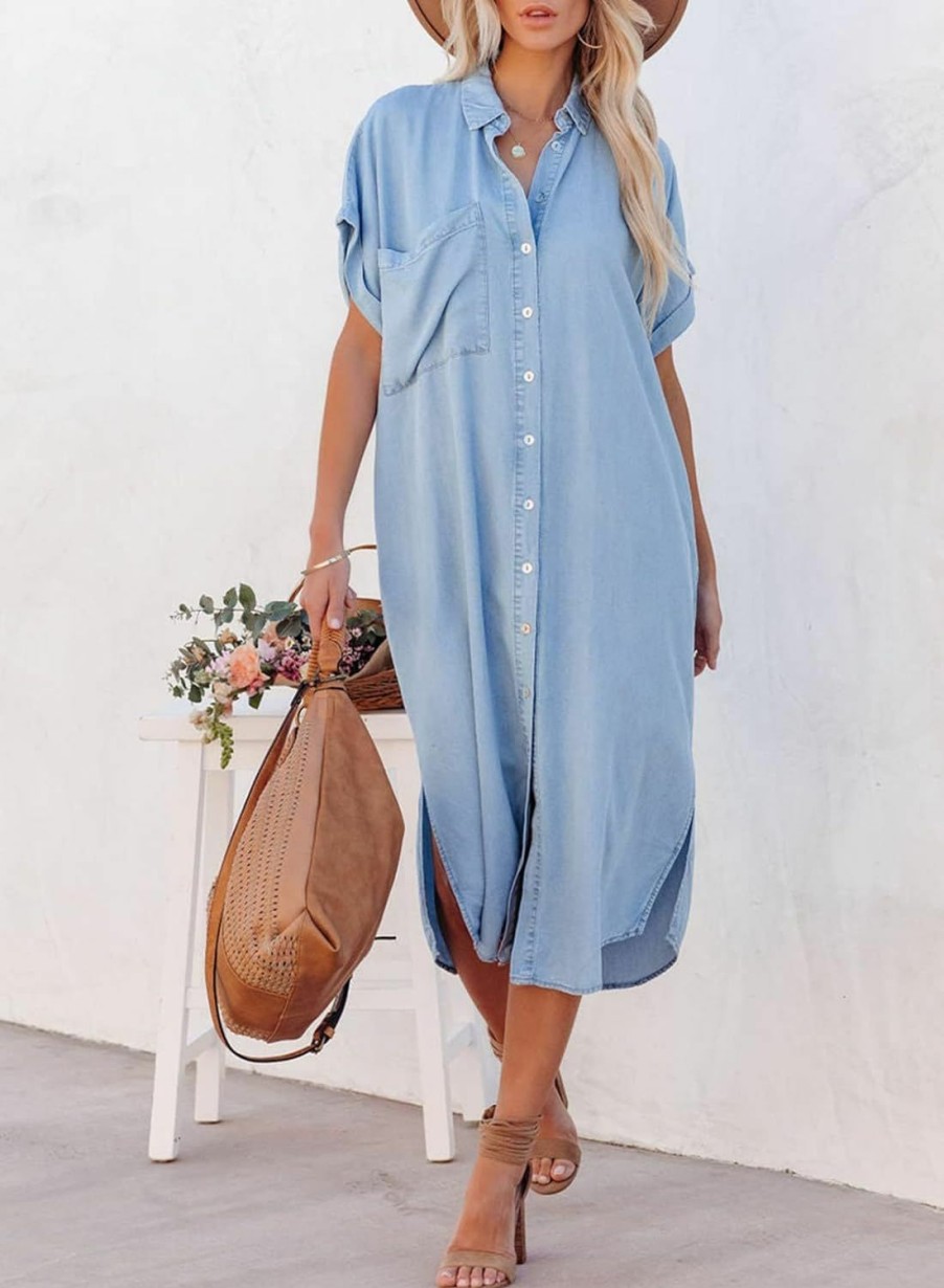 Online Dokotoo Dokotoo Womens 2024 Button-Down Short Sleeve Denim Cardigans Maxi Dresses With Side Split