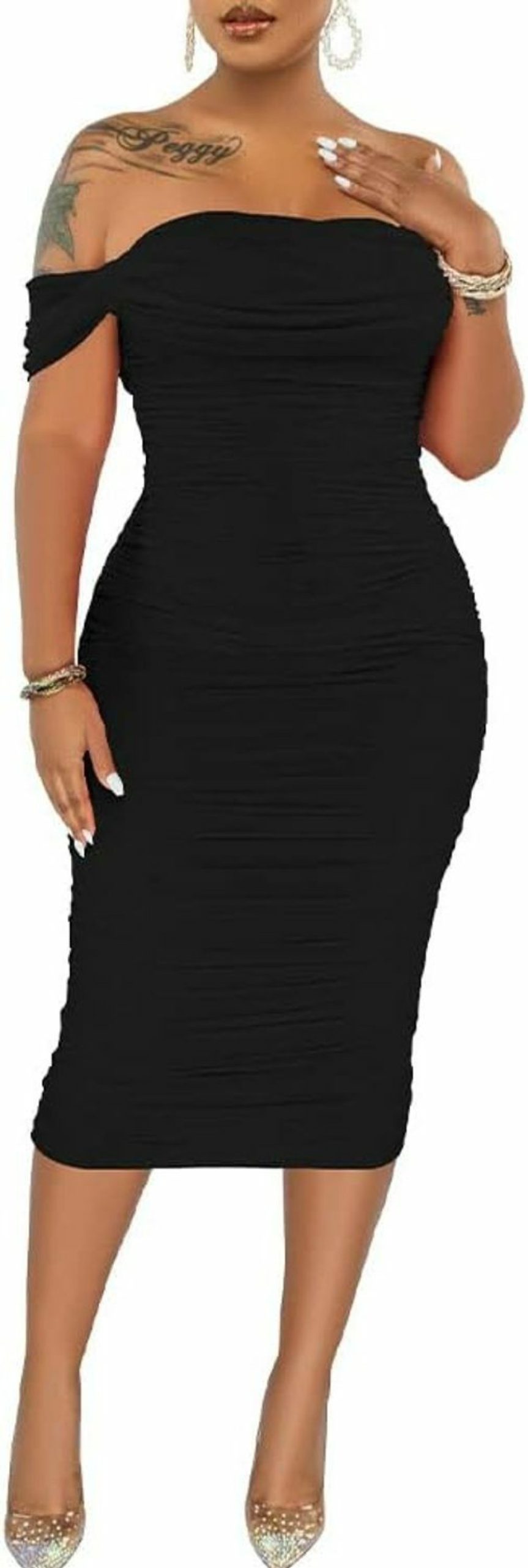 Clearance PINSV Pinsv Women Ruched Off Shoulder Dress Bodycon Party Elegant Midi Dresses