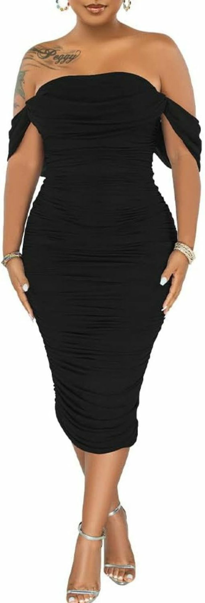 Clearance PINSV Pinsv Women Ruched Off Shoulder Dress Bodycon Party Elegant Midi Dresses