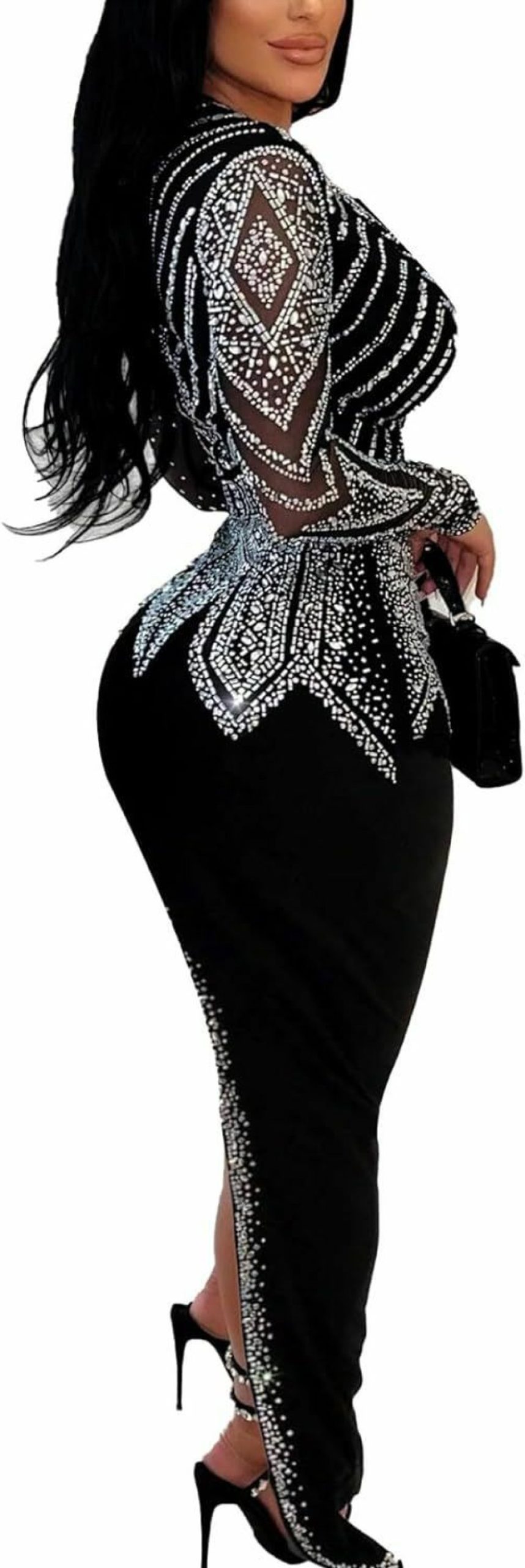 Online PORRCEY Porrcey Women'S Sexy Rhinestone Long Sleeve Night Club Dress Party Clubwear Evening Dress