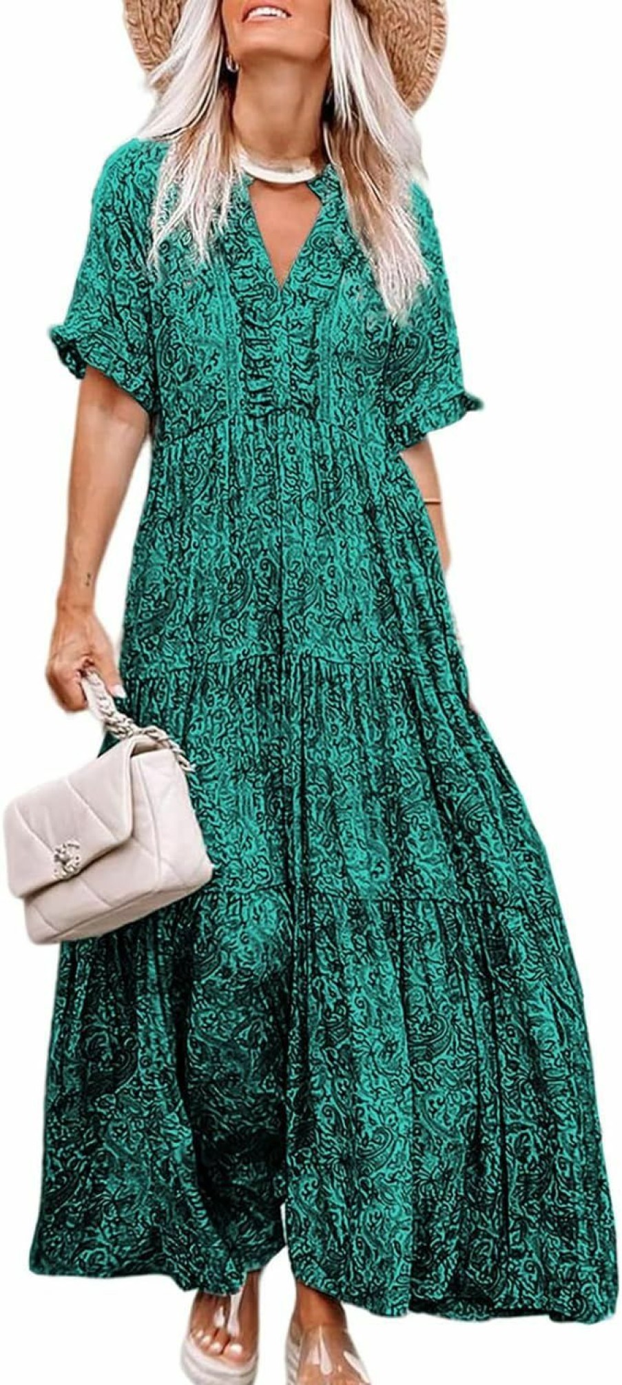 Wholesale Acelitt Acelitt Womens Casual Short Sleeve V Neck Ruffle Tiered Swing Floral Boho Long Maxi Dress, S-Xl