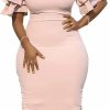 New Kafiloe Women Elegant Midi Pencil Dress Ruffle Sleeve Round Neck Bodycon Cocktail Party Formal Dress